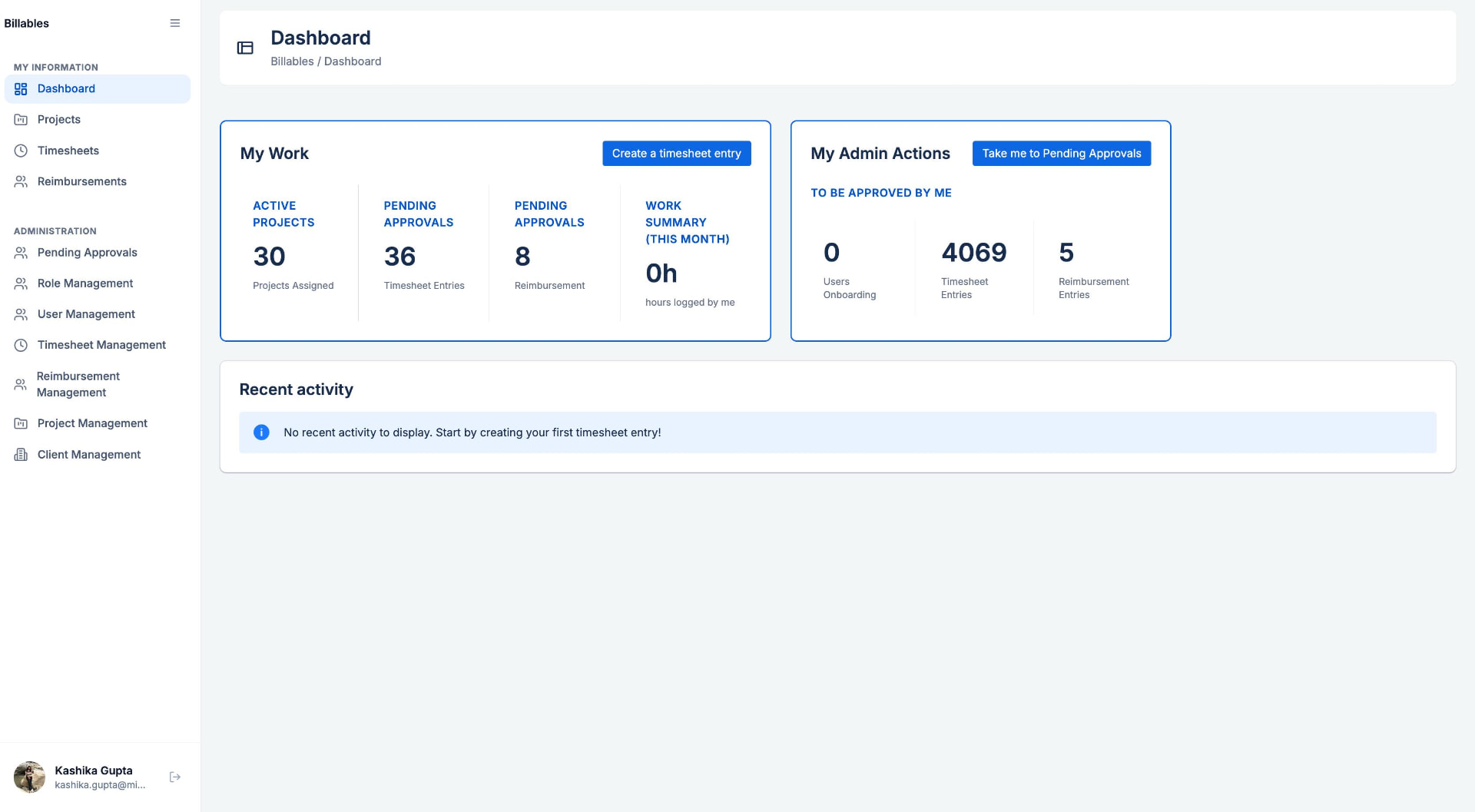 Billables dashboard showing work and admin actions