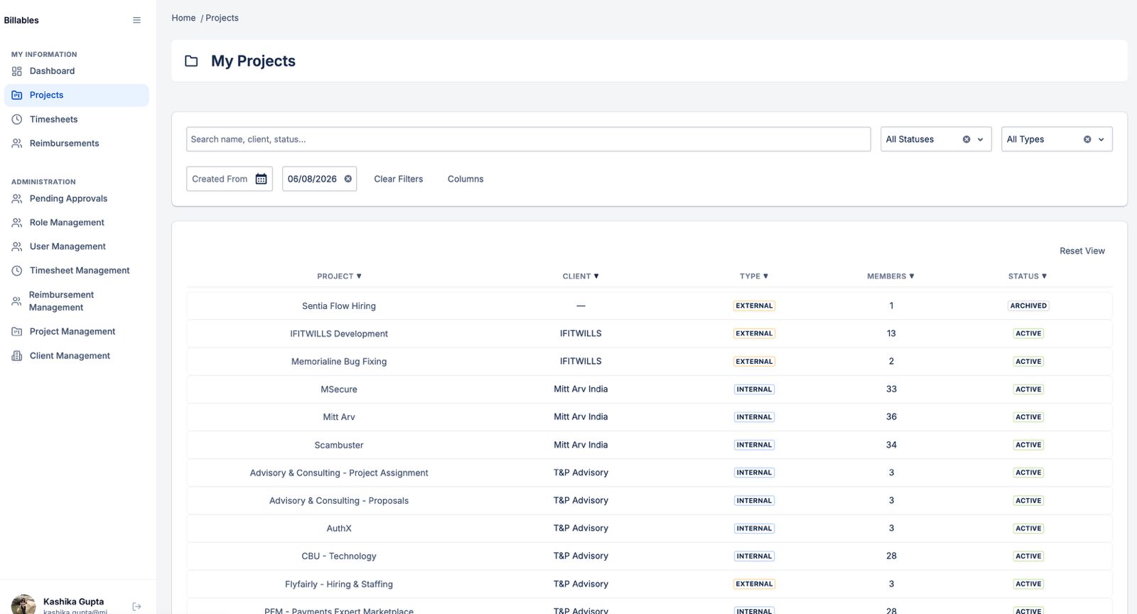 My Projects list with clients, types and statuses