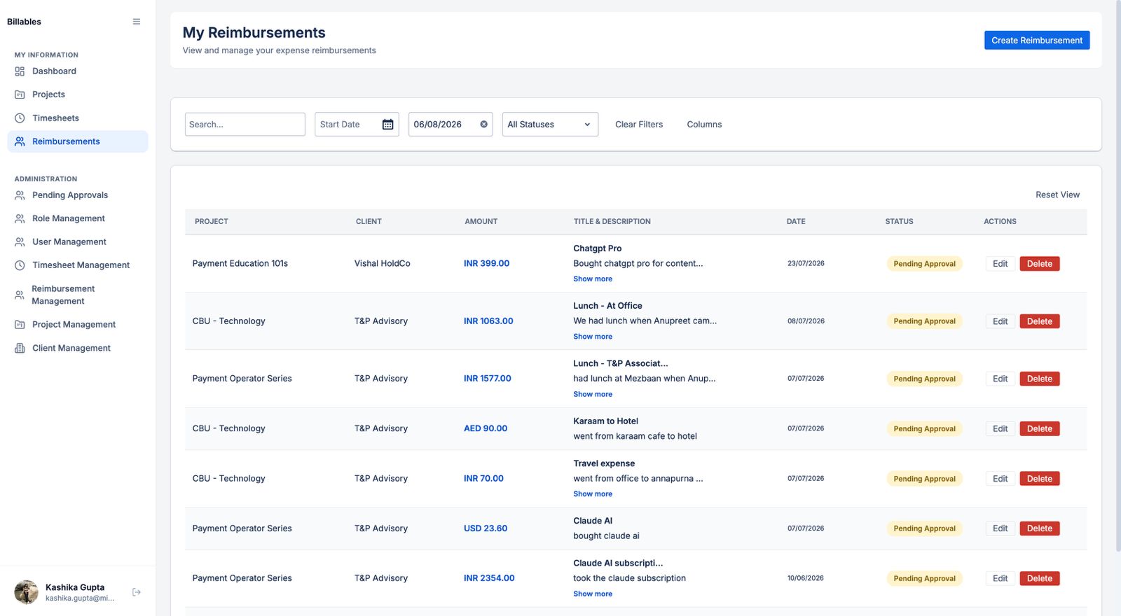 My reimbursements screen listing expenses and statuses