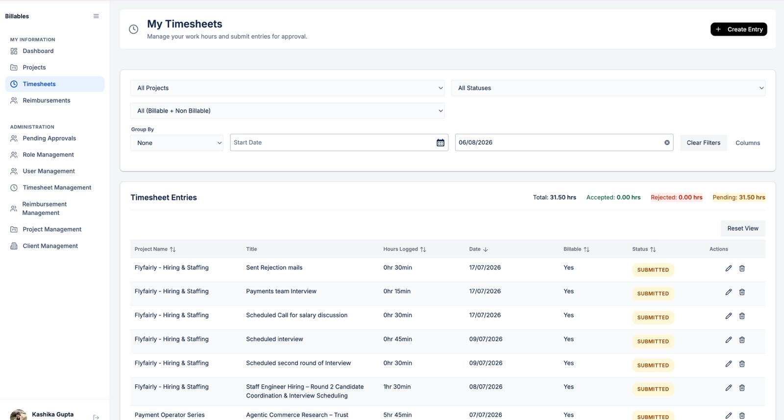 My timesheets screen listing entries and hours